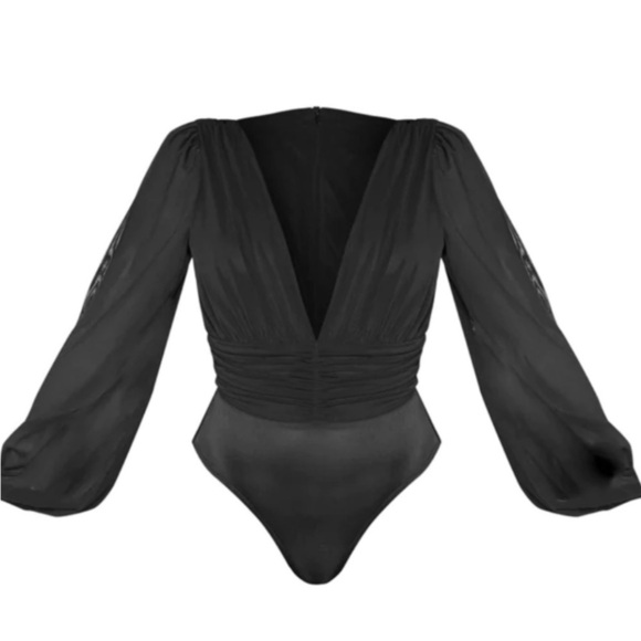 PRETTY LITTLE THING BLACK MESH RUCHED WAISTBAND BODYSUIT SIZE 8 - Picture 2 of 6